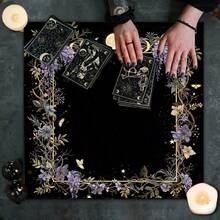 1pc Tarot Card Tablecloth, Pentagram Flower And Plant Card, Witchcraft Altar, Divination, Board Game Decoration Mat - Black - View 6