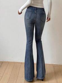 Jeans acampanados de tiro bajo con lavado azul, de ajuste ceñido y elástico, para todas las estaciones - Negro - Ver 3