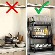 Escurreplatos de acero inoxidable resistente de 3 niveles para sobre el fregadero, organizador de encimera de cocina antideslizante, de gran capacidad y resistente a la corrosión, con escurridor extraíble y soporte para utensilios, cuchillos, vasos y tabla de cortar, ahorra espacio y es fácil de limpiar | Organizador Cocina Kitchen Essentials - Negro (versión engrosada) - Ver 2