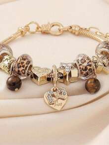 1pc Personalized DIY Beaded Bracelet, Leopard Print Beads, Heart Butterfly Star Charms, Adjustable, Christmas Gift, Versatile Daily Accessory For Kids - Multicolor - View 2
