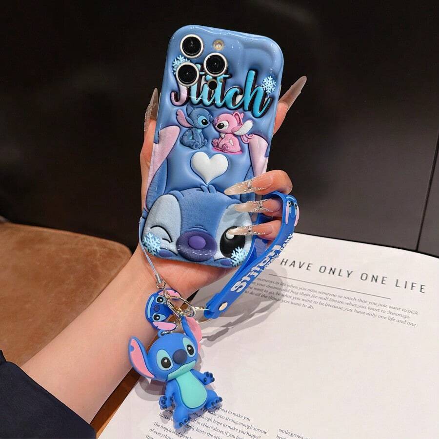 Disney Lilo And Stitch Phone Case : 3D Fluffy Pattern Border Protector Phone Soft Phone Case With A Free Cute Stitch Bracelet Chain Lanyard, Stitch, Lilo, Angel, For Apple 17 Promax 17 Pro 16 15 14 13 12 11 Pro Max XS Max X XR Soft Cover Summer Phone Case - White - View 1