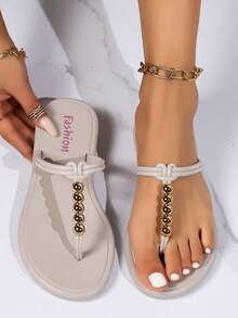 European & American Minimalist Style Gold Bead Decor Flip Flops, Soft Thick Sole Anti-Slip Thong Sandals, Versatile Daily Commute & Outdoor Wear For Women - Apricot - View 7