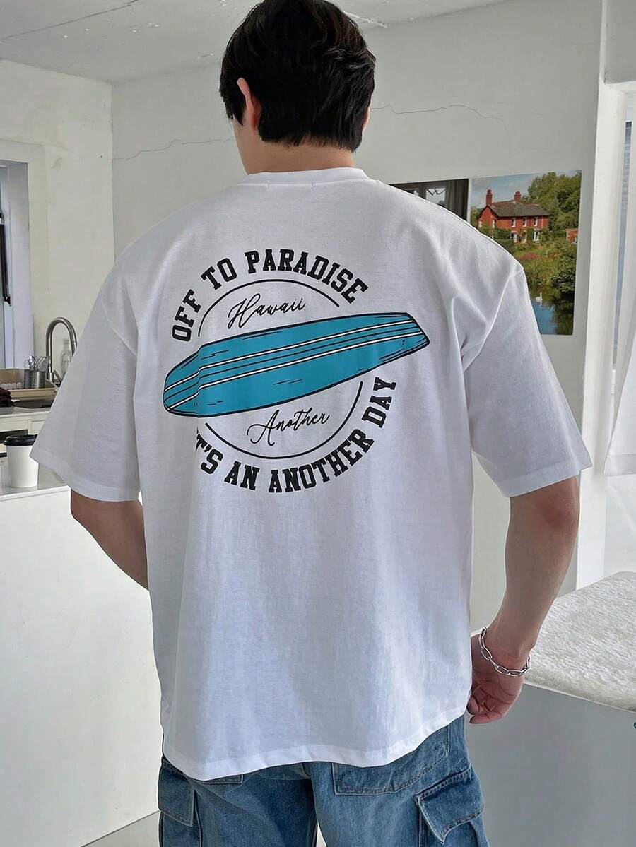 Camiseta de hombre de algodón puro con estampado de letras a la moda, top casual para el verano, de manga corta. - Blanco - Ver 1