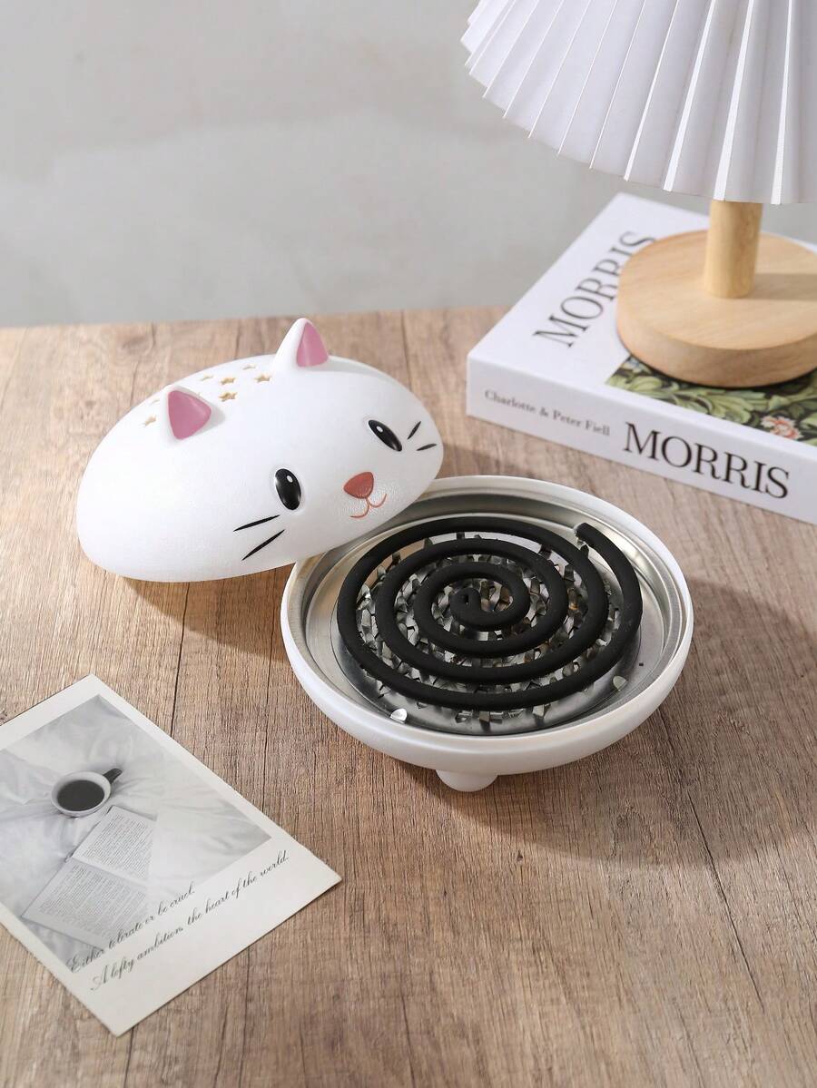 1pc Cute Cat Shape Incense Burner, Star Hollow Out Smoke Diffuser Mini Portable Aroma Holder For Desk Bedroom Decor, Small Coil Incense Holder Ash Catcher - View 1