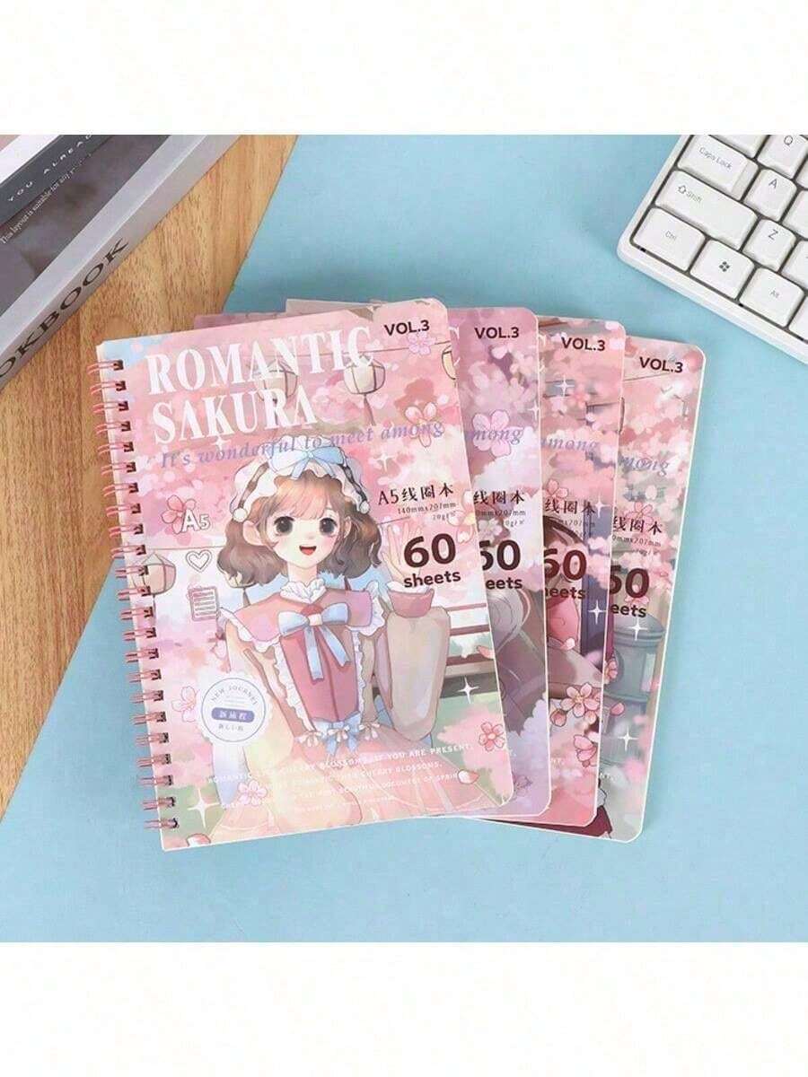 1本A5簡約螺旋筆記本+1支筆,每本60頁,厚實活頁筆記本,可愛清新學生側翻便條本,學校用品,開學指南,學校用筆記本,筆記本,日記本 - 套裝 - 查看 1
