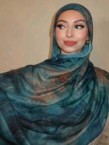 1pc Women's Bohemian Style Watercolor Marble Water Ripple Tie-Dye Print Headscarf Scarf, Suitable For Daily Wear - Dark Blue Smudge - View 3