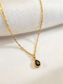 MECYLIFE 1 pieza Collar colgante de mujer con gota de agua dorada y circonita negra de acero inoxidable, joyería de moda chapada en oro de 18K - Negro - Ver 7