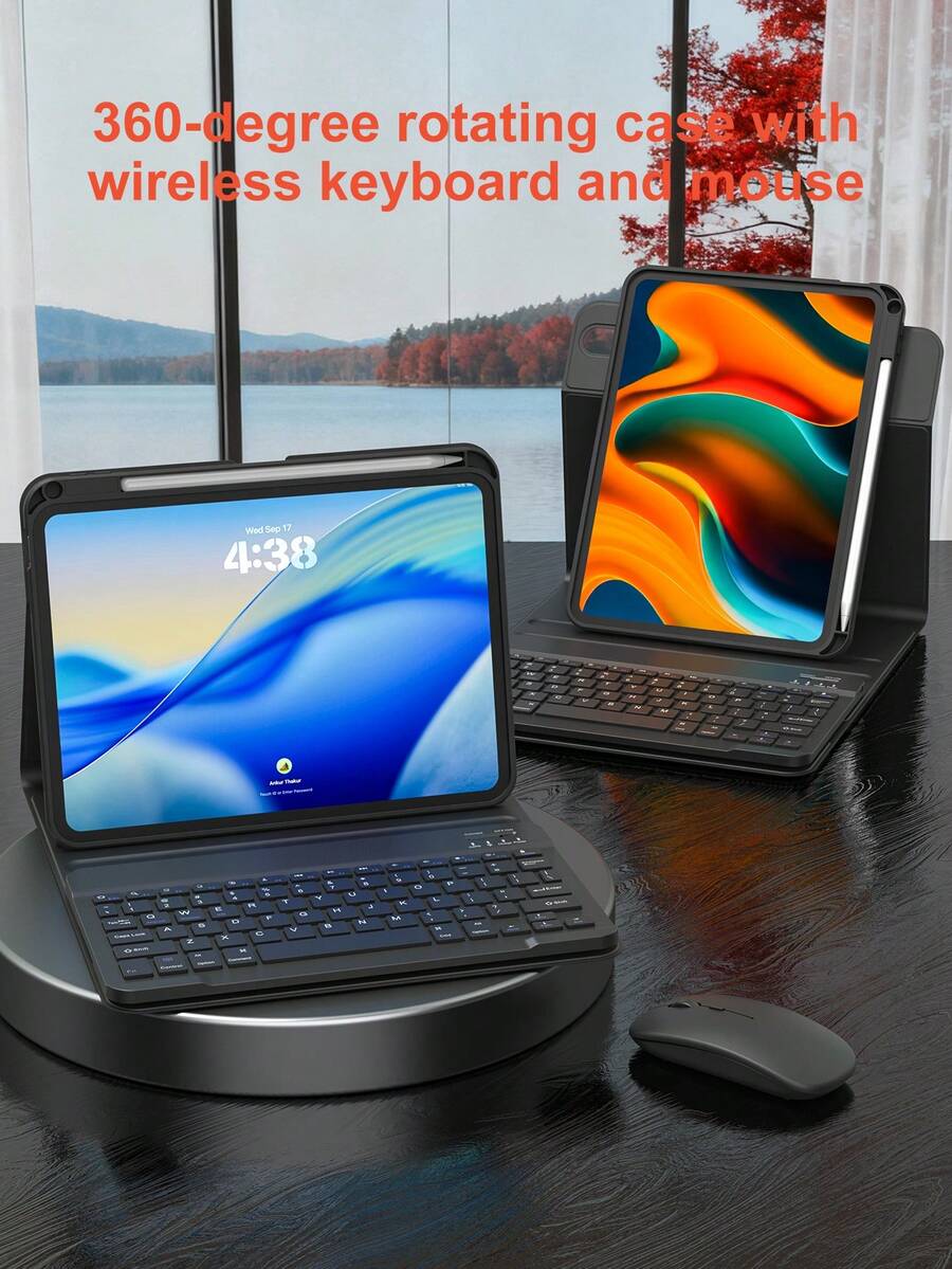 Set Keyboard, Casing Pelindung, dan Mouse yang Dapat Berputar 360°, Kompatibel dengan iPad A16 Generasi ke-11/10/9/8/7/6/5, Air 10.9/11/10.5/9.7 Inci, dan Pro 11 (1/2/3/4); Dilengkapi dengan Slot Pensil Terintegrasi, Keyboard Nirkabel yang Dapat Dilepas (dengan Baterai 150mAh) dan Casing Pelindung Kulit PU - Hitam