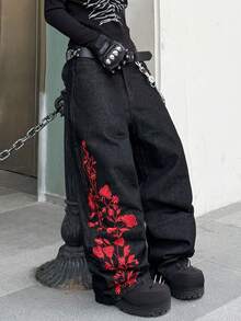 1件男士时尚街头风刺绣阔腿牛仔裤，宽松舒适，四季皆宜（不含腰带或配饰） - 黑色 - 查看 2