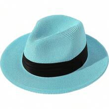 Sombrero de paja de ala ancha para mujer Lanzom, estilo Panamá, enrollable, para playa, con protección solar UPF50+ - Rojo - Ver 8