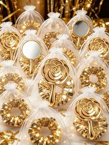 8/4/1 Set - Electroplated Gold Vintage Rose Makeup Mirror & Gold Disco Hair Scrunchie Set - Portable Folding Small Mirror, Hair Band, Storage Bag Styling Storage Set, Electroplated Gold Rose Hand Mirror, Gold Disco Hair Band, Gauze Storage Bag, Suitable As Gender Reveal Party Gift, Baby Shower Party Gift, Baby Party Theme, Birthday Gift, Wedding Gift, Guest Favor, 2026 New Year Party Set - Gold - View 6