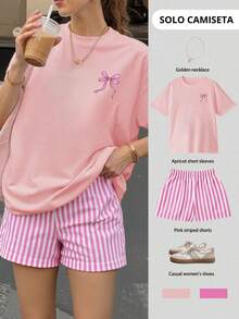 2026 New Arrivals: Pure Cotton Printed T-Shirts for Boys and Girls Blusa de manga corta con cuello redondo y estampado de lazo moño y letras, de corte holgado, para verano, camiseta gráfica - Rosa - Ver 1