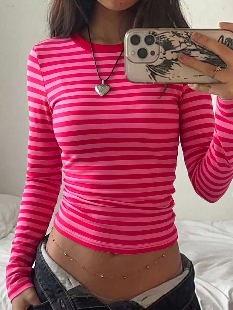 Women's Fitted T-Shirt With Round Neck, Long Sleeves, Pleats, Solid Color, Suitable For Summer, Autumn/Winter And Casual Spring Seasons - 紅紫色 - 查看 1