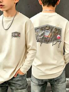 Tween Boy Casual Fun Print Crew Neck Pullover Long Sleeve T-Shirt, Autumn/Winter Top - Apricot - View 3