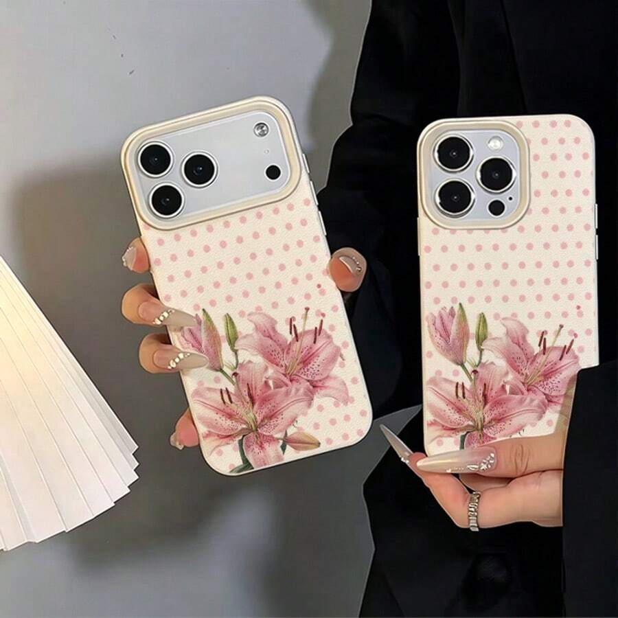 TPU Soft Pink Polka Dot Lily Floral Pattern Phone Case, Full Coverage Anti-Drop Soft Shell Protective Cover Compatible With IPhone 17 Pro Max/17/16 Pro Max/15/13/12/11/ S20 FE/A15/S24/A55/ Note 11/Note 12/Note 13 Pro - White - View 1
