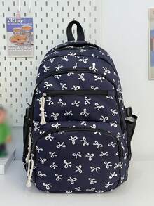 New Semester Student Backpack; Bow Print Backpack, Suitable For Primary And Secondary School Students - Navy Blue - View 6