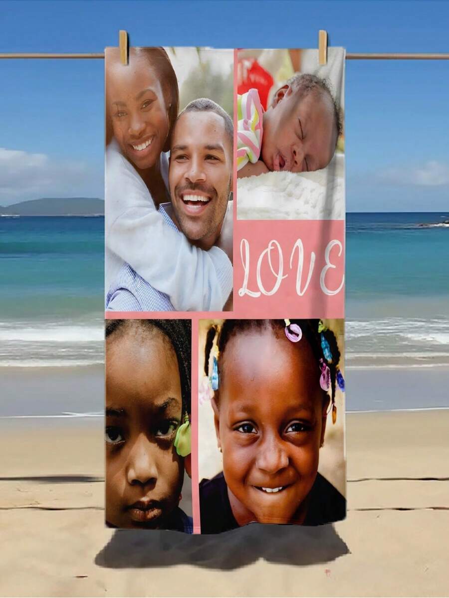 Customized Multi-Photo Beach Towel Gift, Heart-Themed Personalized Image Absorbent Microfiber Towel, Customized Photo Beach Towel, Customized Realistic Pool Towel, Christmas Halloween Valentine's Day Father's Day Birthday Gift, Creative And Practical Gift For Friends And Family - Multicolor - View 1