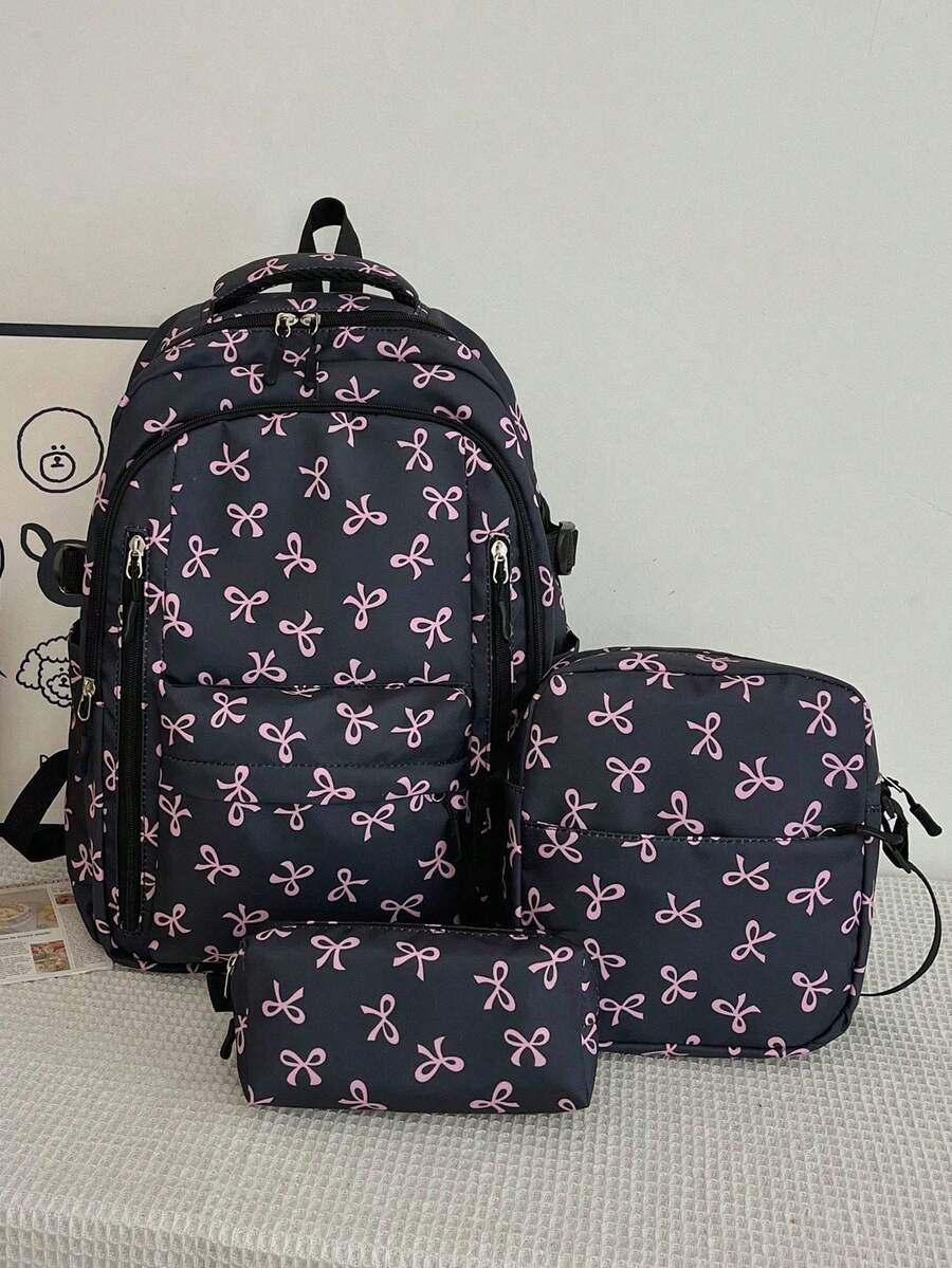 Set Of 3 Nylon Bow Print Backpacks, Large Capacity Foldable Backpack With Multiple Pockets And Waterproof Zipper, Suitable For Teenagers, High School Students - Negro 5 - View 1