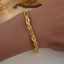 18K Gold Plated Interlocking Rectangular Chain Jewelry Set, Hollow Chain Necklace And Bracelet, Suitable For Women And Men Daily Streetwear - Gold - View 6