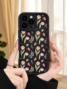 1 Piece Phone Case With Pink Tulip And Butterfly Design On A Black Background, Elegant Floral Style, Soft TPU, Full Impact And Anti-Slip Protection, Compatible With IPhone 17 ProMax/16/15/14/13/12/11/Plus/Pro/ProMax, Compatible With Galaxy A34/A35/A54/A55, Galaxy S20/S21/S22/S23/S24/S25 Ultra/Plus, Compatible With Galaxy//Honor// - 黑色 - 查看 1