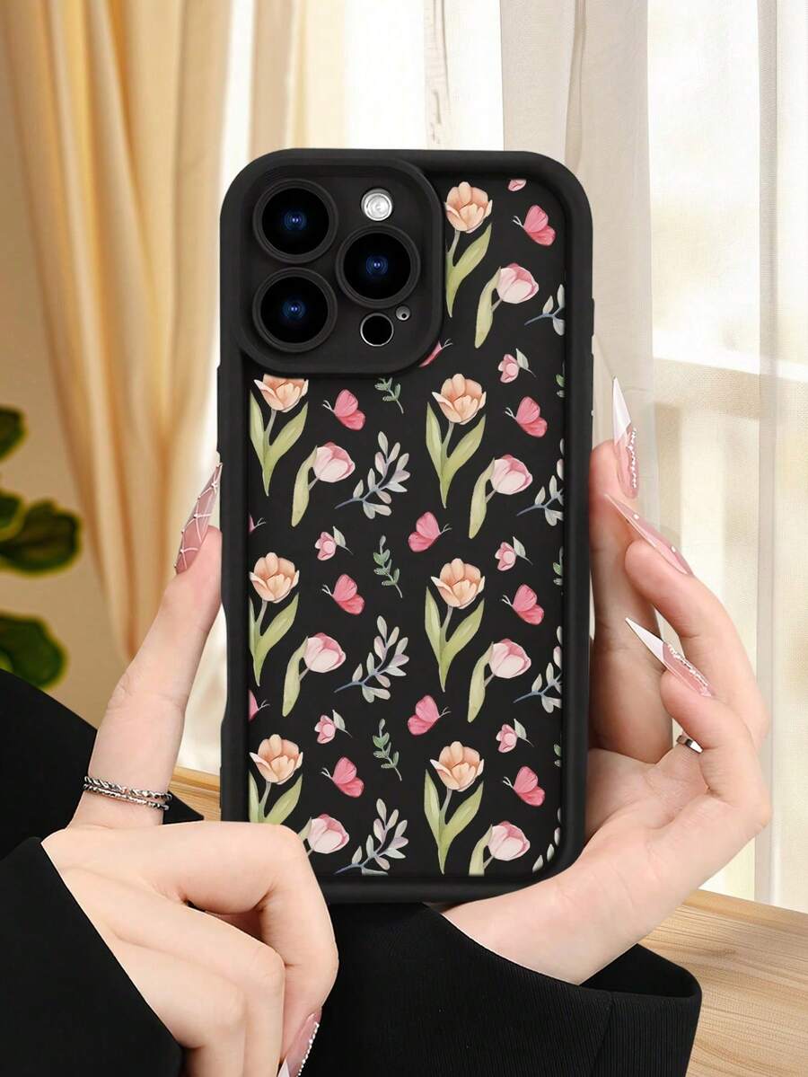 1 Piece Phone Case With Pink Tulip And Butterfly Design On A Black Background, Elegant Floral Style, Soft TPU, Full Impact And Anti-Slip Protection, Compatible With IPhone 17 ProMax/16/15/14/13/12/11/Plus/Pro/ProMax, Compatible With Galaxy A34/A35/A54/A55, Galaxy S20/S21/S22/S23/S24/S25 Ultra/Plus, Compatible With Galaxy//Honor// - 黑色 - 查看 1