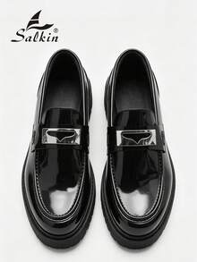 Salkin 極簡英風設計男士一腳蹬樂福鞋，復古皮革鞋，現代生活平價奢華，柔軟舒適圓頭正式正裝鞋，優雅紳士商務漆皮亮面黑色純色鞋面，防滑耐磨厚底增高鞋底，男士休閒日常鞋，情侶約會出遊百搭派對宴會婚禮新郎鞋，社交鞋，節日禮物，春夏秋 - 黑色 - 查看 3