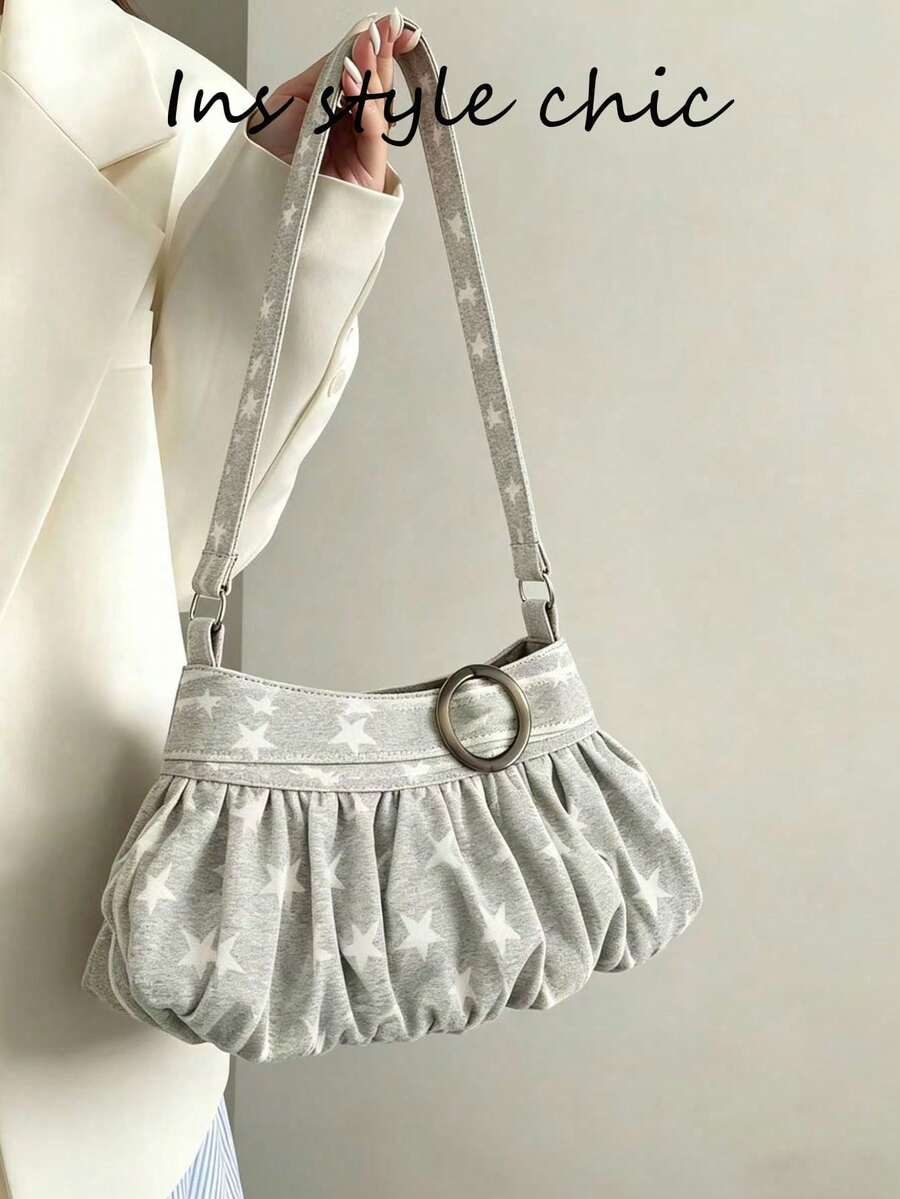 Light Gray Star Print Fabric Shoulder Bag, Ruched Cloud-Shaped Design With Metal Ring Decor, Wide Matching Print Fabric Long Strap For Shoulder Carry, Soft Knit Fabric With Fluffy Ruched Texture, Suitable For Young Female Students, Elegant Office Workers, Daily Commute, Dating, Shopping, Short Trips - Light Grey - View 1