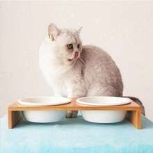 1/2/3 Bowls Cat Dog Feeders Bowl Ceramic Tableware Pet Food Water Bowl Bamboo Frame Antiskid Pet Supplies Dog Cat Feeding Bowl - White - View 4