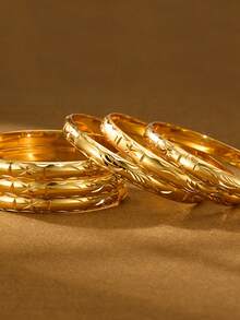 1/3/6pcs Sand Gold Exquisite Handmade Carved Wings & Stars 24K Gold Plated 8mm Wide Women's Bracelet, No Gift Box - Gold - View 5