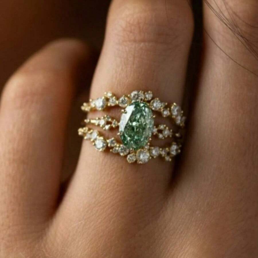 Ensemble de bagues vintage exquis pour femmes, incrusté de zirconium cubique. Bague élégante verte, convient pour le port lors des jours fériés, mariages et vacances. Cadeau parfait pour la Saint-Valentin/Noël - Doré - Voir 1