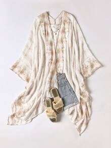 1pc Elegant Plaid Floral Pattern Bohemian Style Embroidered Split Shawl Women's Kimono, Sarong Spring/Summer Outerwear Beach Vacation Sun Protection UV Protection Embroidered Cardigan Fashion Versatile Luxury Decorative Suitable For Daily Wear Gift Choice - White - View 2