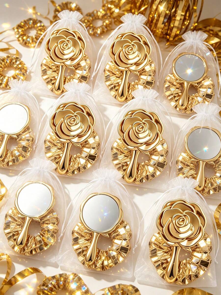 8/4/1 Set - Electroplated Gold Vintage Rose Makeup Mirror & Gold Disco Hair Scrunchie Set - Portable Folding Small Mirror, Hair Band, Storage Bag Styling Storage Set, Electroplated Gold Rose Hand Mirror, Gold Disco Hair Band, Gauze Storage Bag, Suitable As Gender Reveal Party Gift, Baby Shower Party Gift, Baby Party Theme, Birthday Gift, Wedding Gift, Guest Favor, 2026 New Year Party Set - Gold - View 1