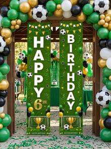 2pcs Football Happy Birthday Vertical Door Banner, 5 6 7 8 9 10 Years Old Football Birthday Doorway Decoration, Green Grass Trophy Print Sports Theme Kids Age Front Door Yard Hanging Party Decor - A - View 1