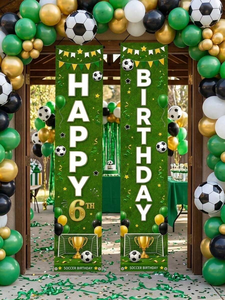 2pcs Football Happy Birthday Vertical Door Banner, 5 6 7 8 9 10 Years Old Football Birthday Doorway Decoration, Green Grass Trophy Print Sports Theme Kids Age Front Door Yard Hanging Party Decor - A - View 1
