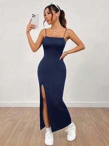 PETITE Women's Long Black Dress With High Slit Strap And Solid Color - Khaki - View 1