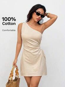 XUZHIZ  PETITE Vestido mini de un solo hombro para mujer, 100% algodón, cómodo y transpirable - Albaricoque - Ver 5