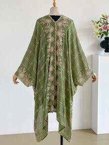 1件優雅格紋花卉圖案波西米亞風刺繡開襟披肩女款和服/圍裙，春夏外穿海灘度假防曬刺繡開襟衫，時尚百搭奢華裝飾，適合日常搭配，送禮首選 - 綠色 - 查看 3