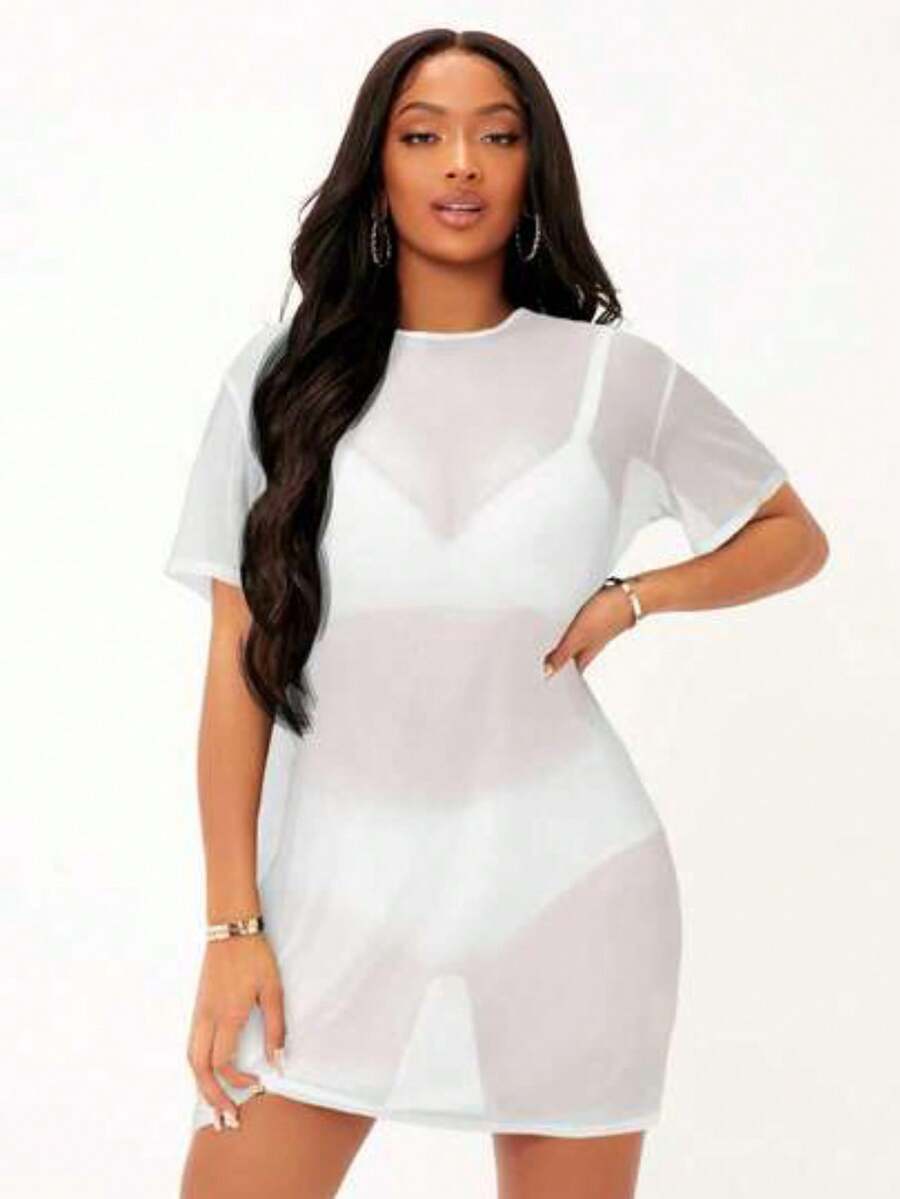SYCAMORETREETECHNOLOGYMX Sheer Mesh Off-The-Shoulder Dress - Blanco - View 1