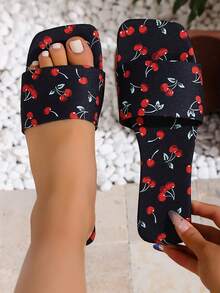 Sandalias planas de mujer con puntera cuadrada, cómodas y casuales, con estampado de cerezas, aptas para uso en exteriores, hogar y playa - Negro - Ver 3