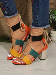 Women's High Heel Sandals Chunky Heel Open Toe Hollow Out High Top Sandals Sexy Fashion Women's Boots Plus Size Contrast Color Lace-Up Boots - Orange - View 3