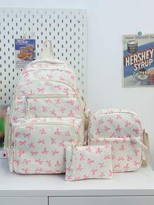 New Semester Student Backpack; Bow Print Backpack, Suitable For Elementary And Middle School Students - White - View 11