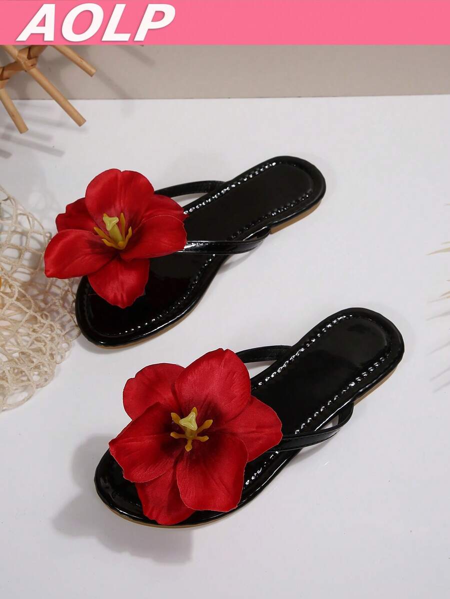 Women's Fashion Floral Decor Sandals, Casual Beach Home Multi-Functional Slippers, Summer New Arrival, Red Trumpet Flower Floral Decor, Simple Thong Flip-Flop Sandals