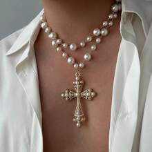 Colgante de cruz de lujo vintage europeo y americano, collar de perlas versátil unisex, conjunto de joyas de estilo gótico para fiestas. - Negro - Ver 6