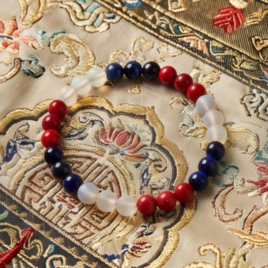 復古紅白藍三色石珠手鍊,光滑玉質紋理彈力手鍊,中式百搭通勤飾品,送給好友的禮物 - 彩色 - 查看 1