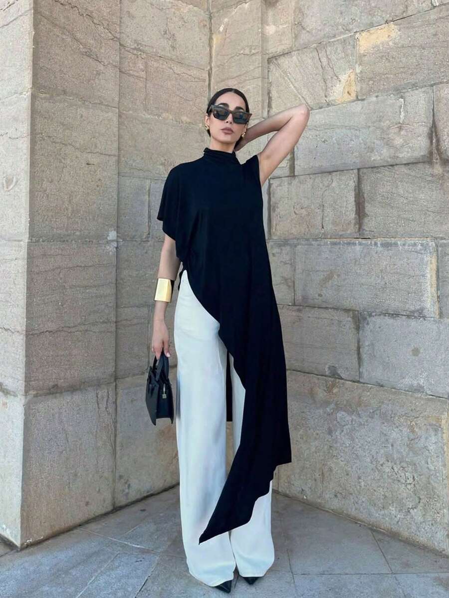 Camiseta de moda para mujer con pliegues asimétricos, unicolor, dobladillo asimétrico, top elegante casual de verano para dama, estilo streetwear - Negro - Ver 1