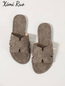 Ximi Ruo Korean Style Casual Flat Slide Sandals, Open Toe, Woven Roman Style, Suitable For Spring, Summer, Outdoor, Beach, Apartment, Brown Color, Flat Design, Versatile For Dresses - Camel - View 7