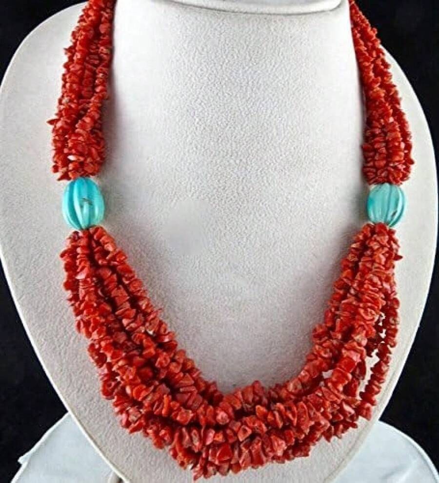 Collar de cuentas de CORAL rojo natural y TURQUESA azul, 21 pulgadas, de 6 mm a 4 mm - 1 - Ver 1