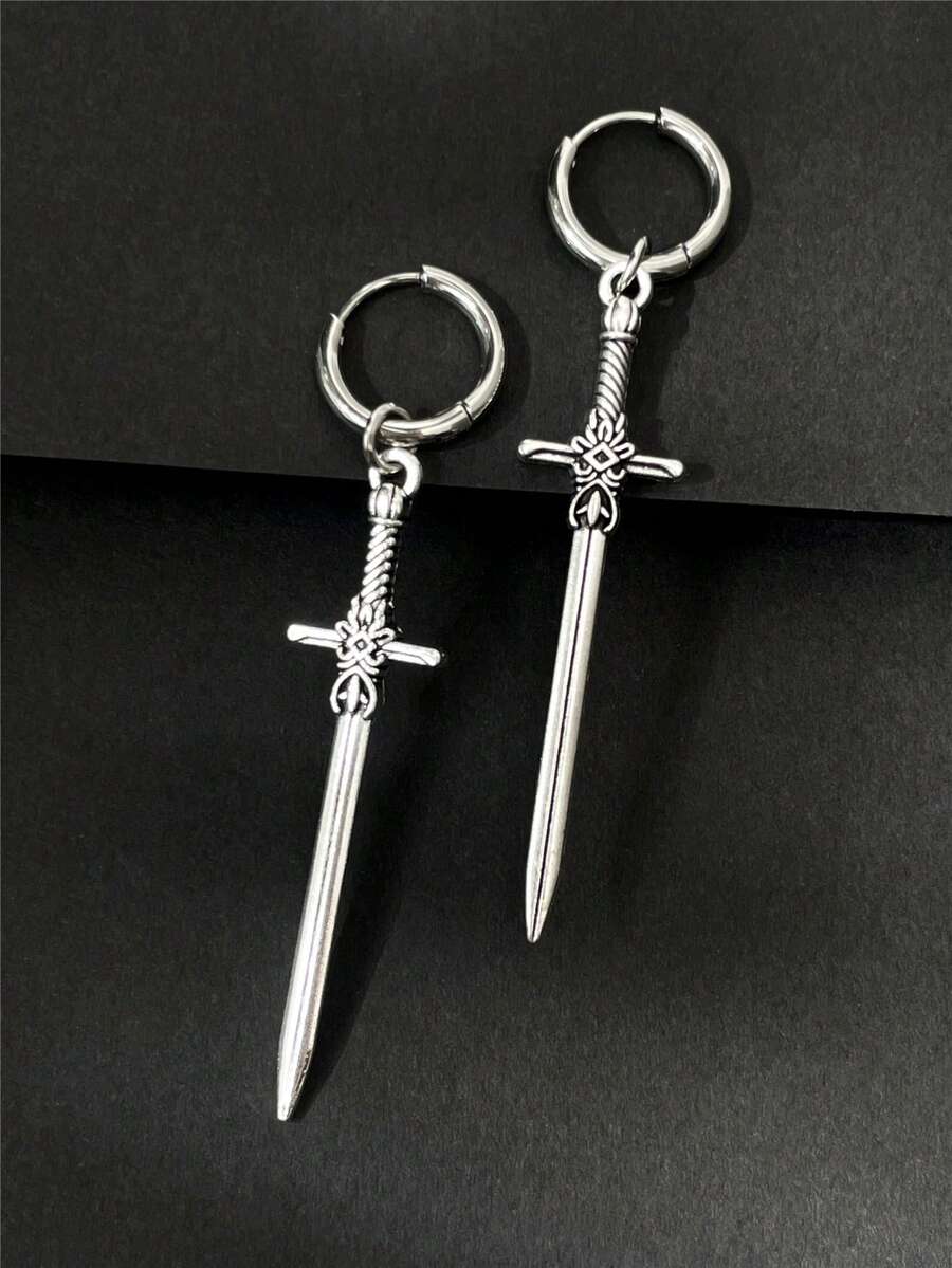 2pcs/Set Gothic Punk Rock Style Personalized Pendant Earrings Y2K Vintage Design Silver Sword-Shaped Earrings Unisex