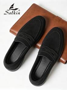 Salkin 男士奢華設計師便貨樂福鞋 一腳蹬 純色柔軟麂皮休閒鞋 防滑耐磨鞋底 日常穿著 畢業典禮 大學風 商務正式鞋 辦公室 派對 宴會，尺寸偏小，靜奢風 - 黑色 - 查看 7