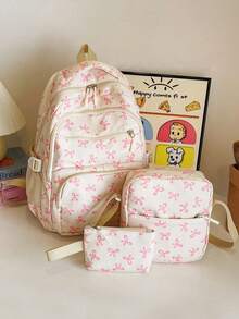 Set de 3 mochilas con estampado de lazo de nailon, mochila plegable de gran capacidad conúltiples bolsillos y cremallera impermeable, adecuada para adolescentes, estudiantes de secundaria - Rosa - Ver 1